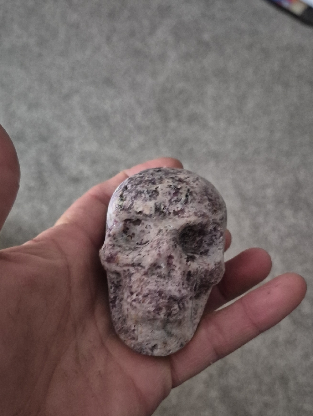 Handheld Decorative Stone Skull - Purple & Cream Tones